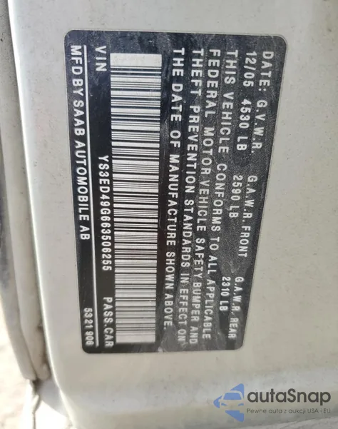 2006 Saab 9-5 Base from USA, damaged, VIN YS3ED49G663506255